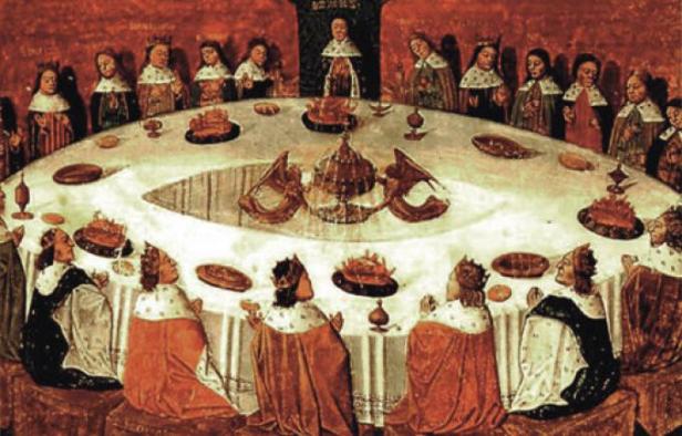 Re Artu e i Cavalieri della tavola Rotonda in una rappresentazione medioevale